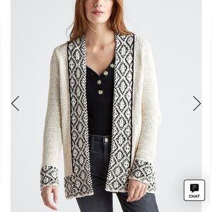 Lucky Brand Novelty Stitch Cardigan Small‎ Cream Black Cable Knit Open Sweater